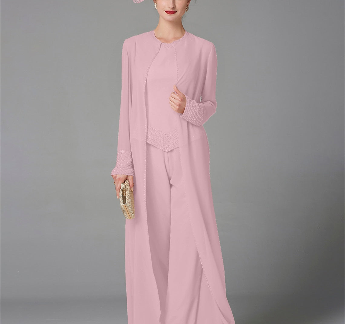 Long Sleeve Chiffon Mother of the Bride Pantsuit with Jacket and Sequins