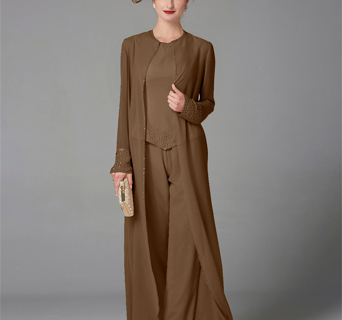 Long Sleeve Chiffon Mother of the Bride Pantsuit with Jacket and Sequins