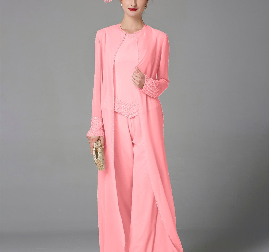 Long Sleeve Chiffon Mother of the Bride Pantsuit with Jacket and Sequins