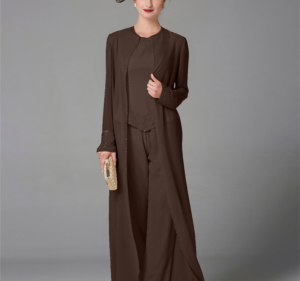 Long Sleeve Chiffon Mother of the Bride Pantsuit with Jacket and Sequins