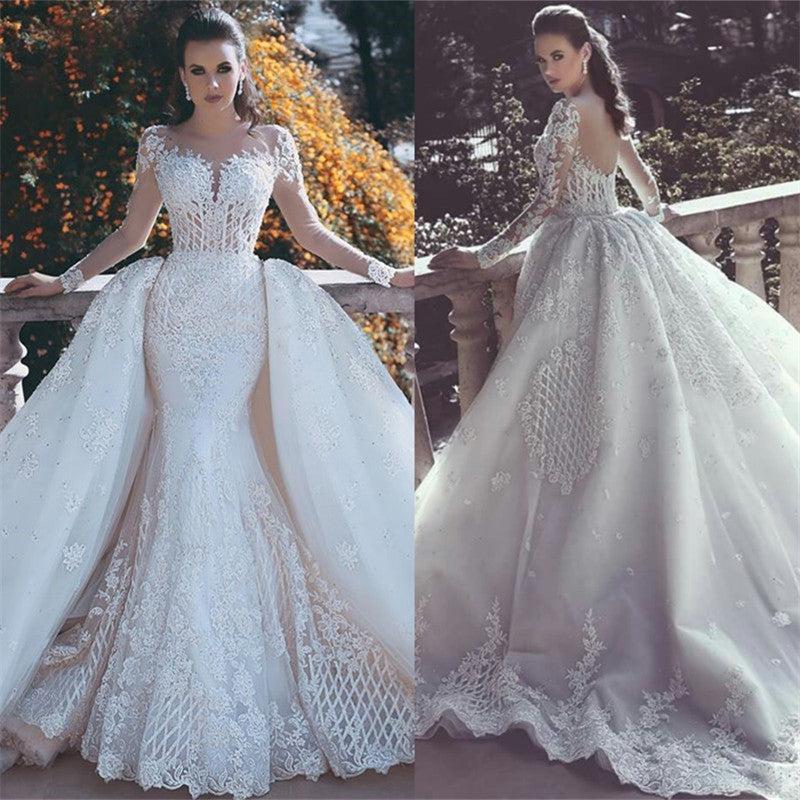 Long Sleeve Lace Appliques Mermaid Wedding Dress  Overskirt Long Train Bride Dress WE0199