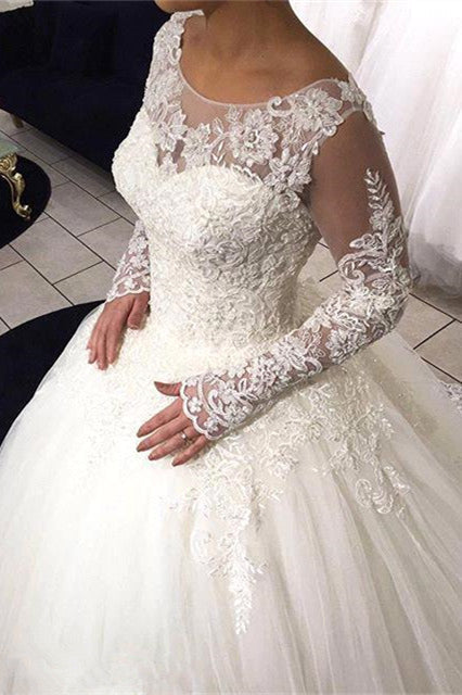 Long Sleeve Lace Ball Gown Wedding Dress Tulle Sweep Train  Bridal Gowns