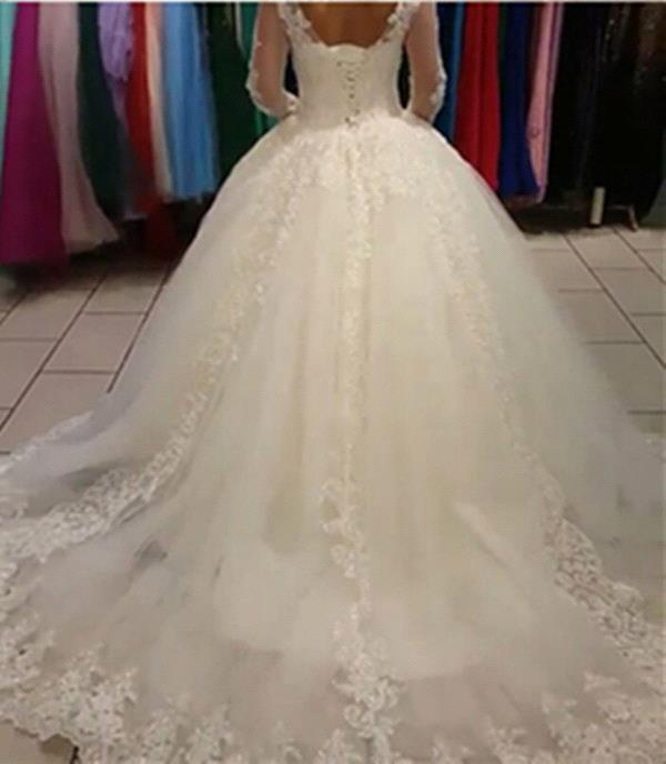 Long Sleeve Lace Ball Gown Wedding Dress Tulle Sweep Train  Bridal Gowns