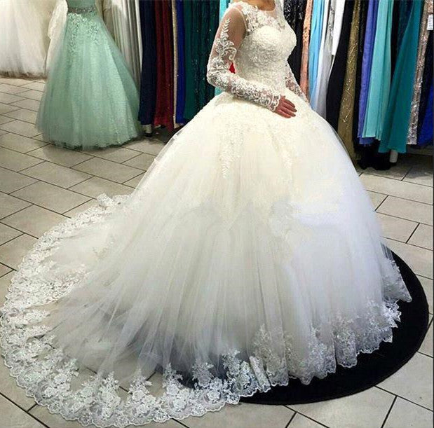 Long Sleeve Lace Ball Gown Wedding Dress Tulle Sweep Train  Bridal Gowns