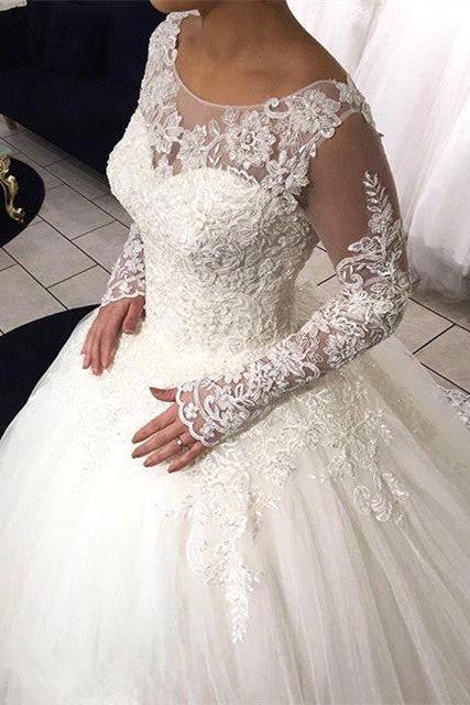 Long Sleeve Lace Ball Gown Wedding Dress Tulle Sweep Train  Bridal Gowns
