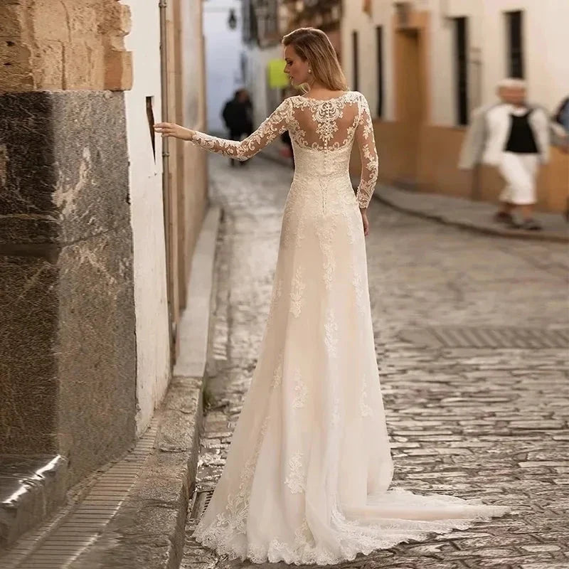 Long Sleeve Lace Mermaid Wedding Dresses  V-Neck Tulle Bridal Gown For Women With For Women Made Robe De Mariee Customize (ZD13293)