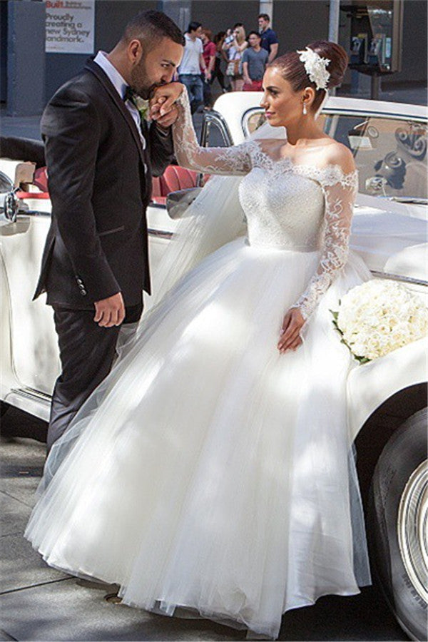 Long Sleeve Lace Princess Wedding Dress Puffy Tulle  Bride Dresses