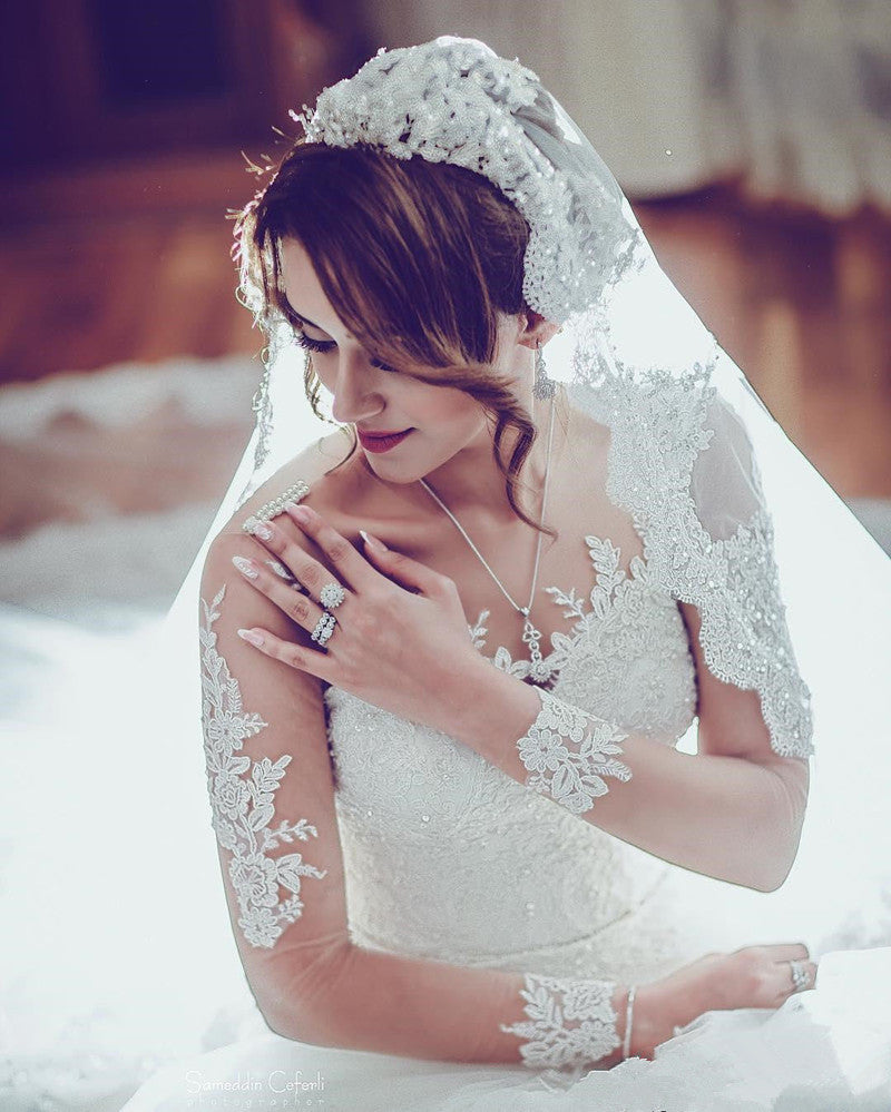 Long Sleeve Lace Wedding Dresses  | Ball Gown Long Train See Through Back Bride Dress
