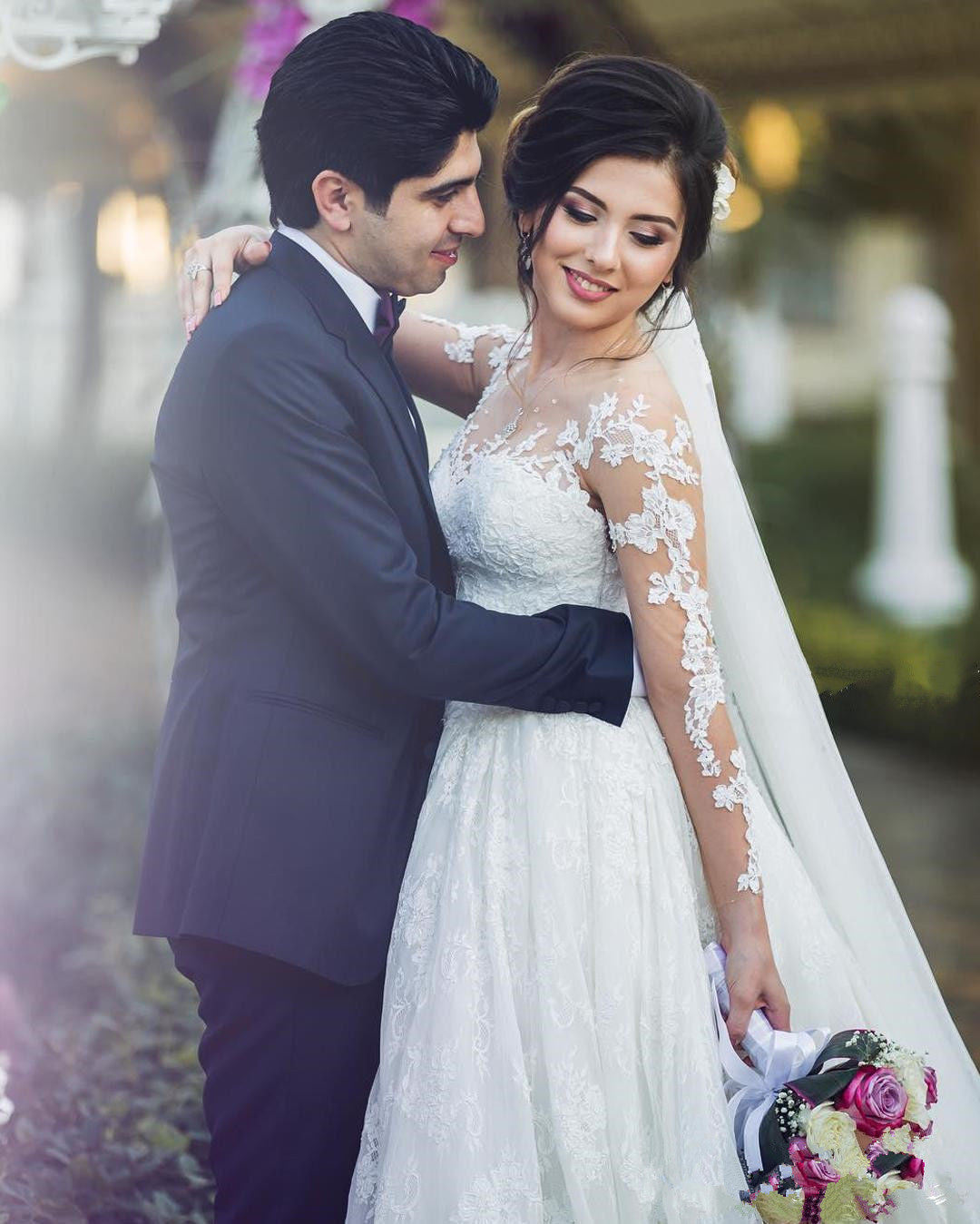 Long Sleeve Lace Wedding Dresses  | Ball Gown Long Train See Through Back Bride Dress