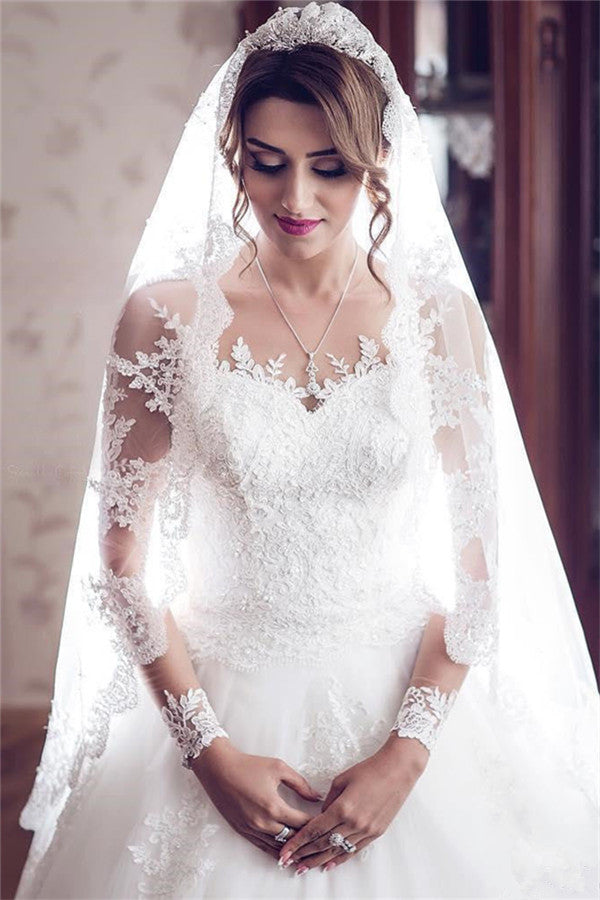 Long Sleeve Lace Wedding Dresses  | Ball Gown Long Train See Through Back Bride Dress