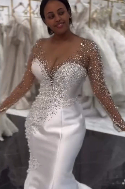Long Sleeve Mermaid Wedding Dress Beaded Satin Stunning Bridal Gown with Detachable Train