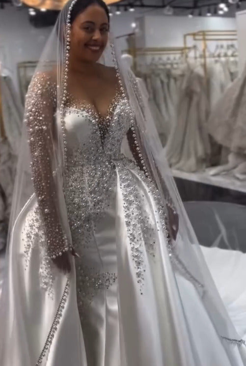 Long Sleeve Mermaid Wedding Dress Beaded Satin Stunning Bridal Gown with Detachable Train