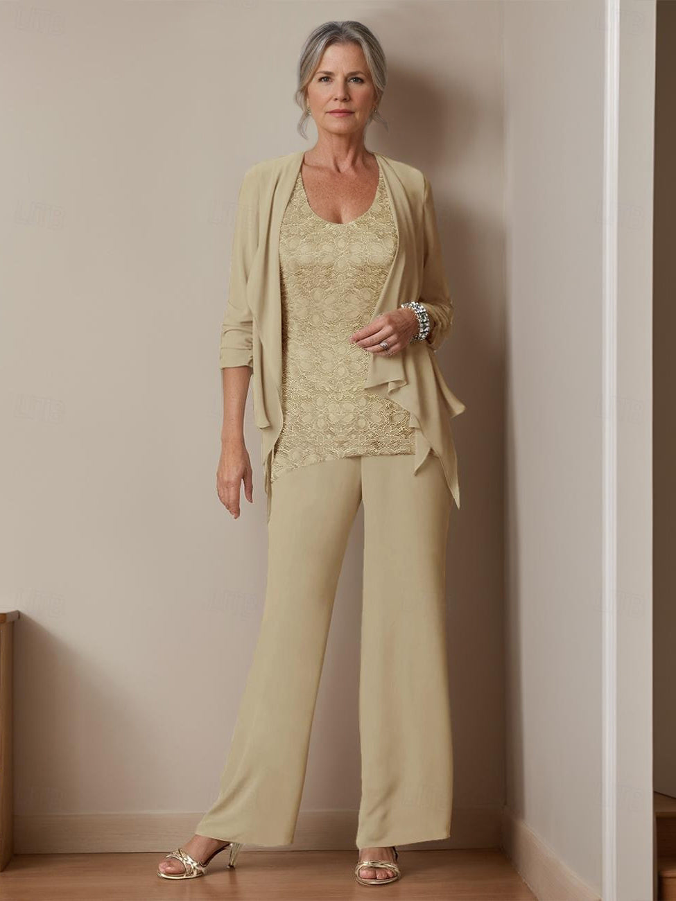 Long Sleeve Scoop Neck Ankle Length Jumpsuits with Lace for the Mother of the Bride