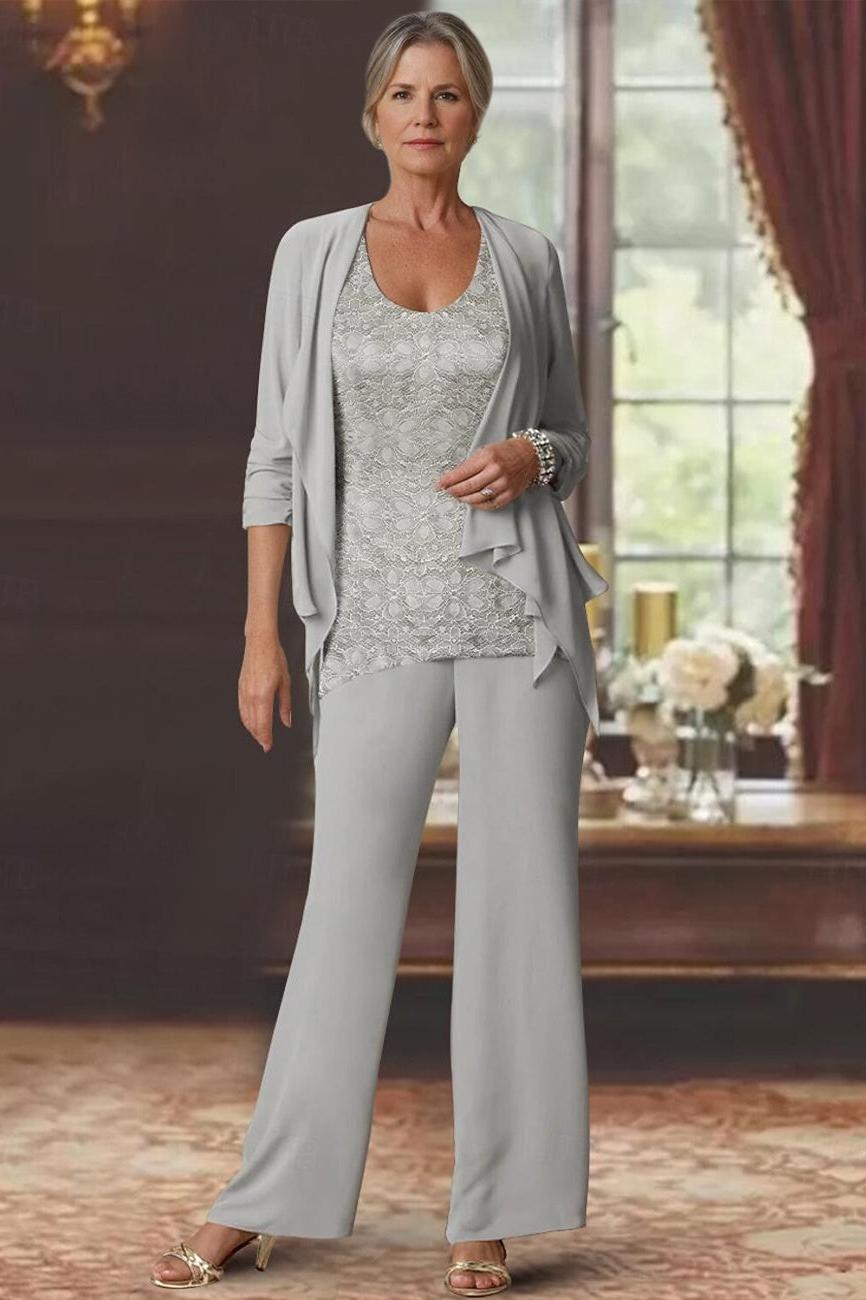 Long Sleeve Scoop Neck Ankle Length Jumpsuits with Lace for the Mother of the Bride