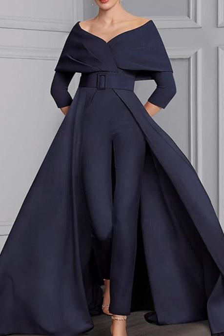 Long Sleeve Scoop Neck Pantsuit for the Mother of the Bride Featuring a Belt
