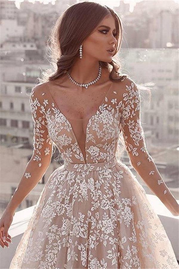 Long Sleeve Sheer Tulle Lace Wedding Dress  | Champagne Pink Princess Outdoor Bridal Dress Online