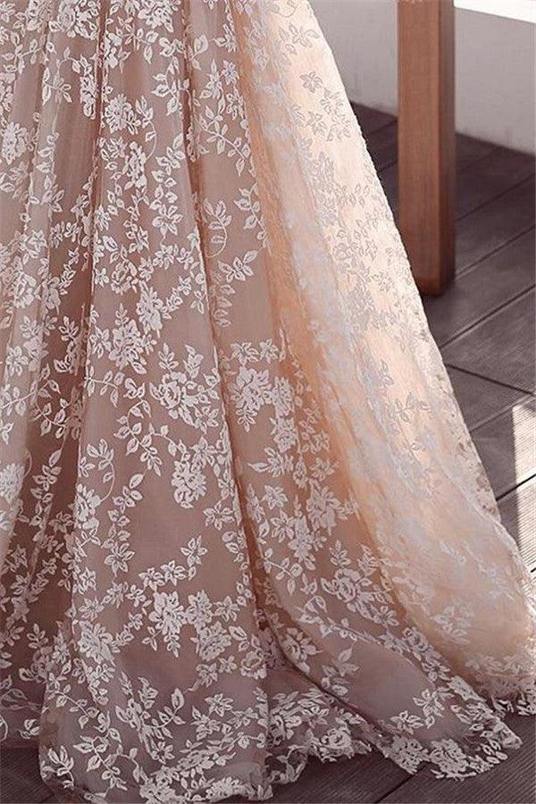 Long Sleeve Sheer Tulle Lace Wedding Dress  | Champagne Pink Princess Outdoor Bridal Dress Online