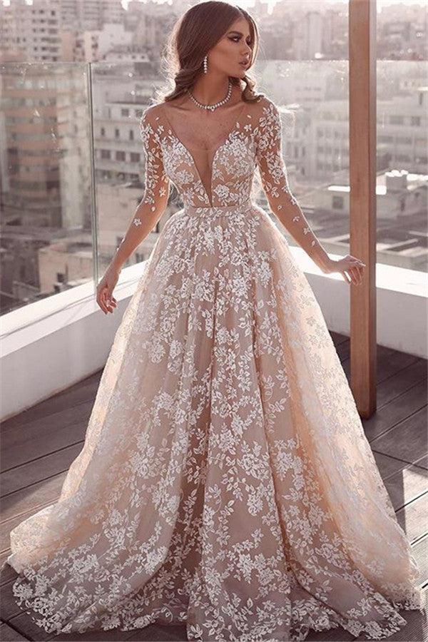Long Sleeve Sheer Tulle Lace Wedding Dress  | Champagne Pink Princess Outdoor Bridal Dress Online