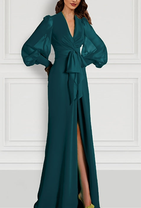 Long Sleeve V Neck Chiffon Mother of the Bride Dress with Mermaid Train and Strappy Slit