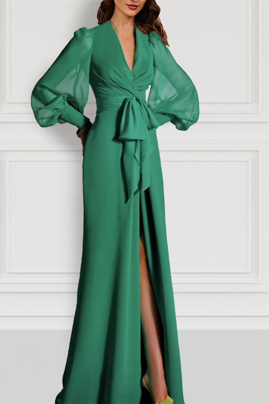 Long Sleeve V Neck Chiffon Mother of the Bride Dress with Mermaid Train and Strappy Slit