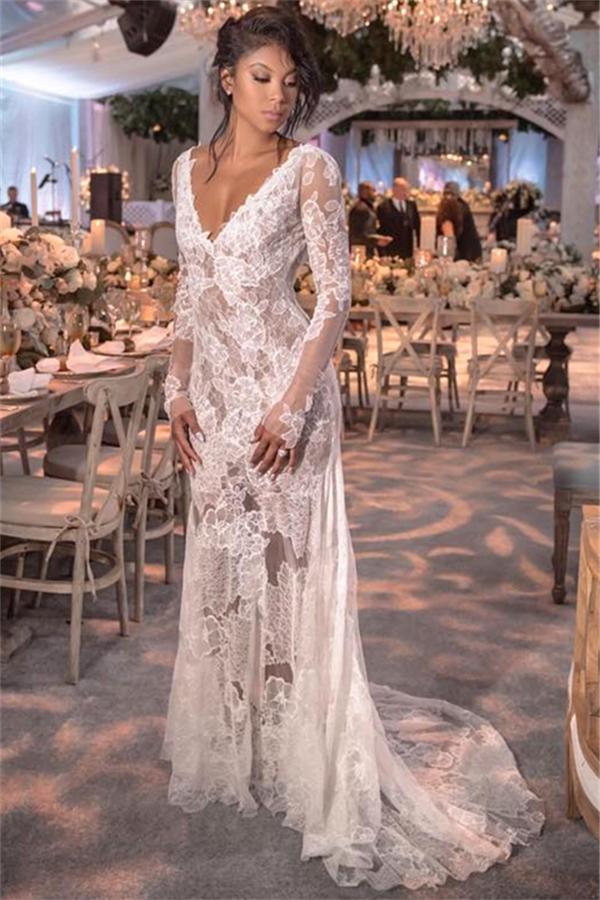 Long Sleeve V-neck Lace Beach Wedding Dresses | Open Back See Through Bridal Gown BC0249
