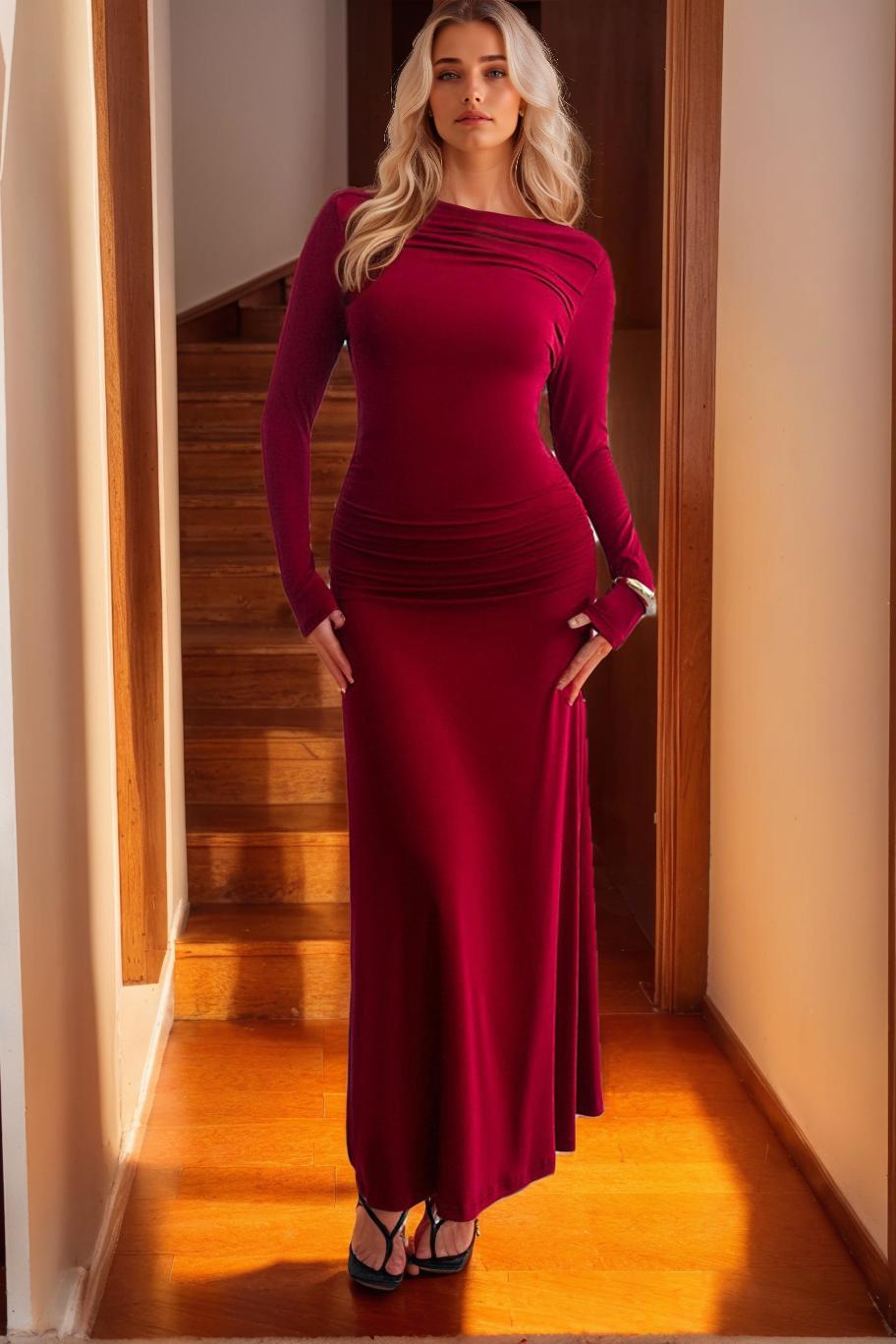 Long Sleeved Ankle Length Mother of the Bride Gown with Jewel Neckline