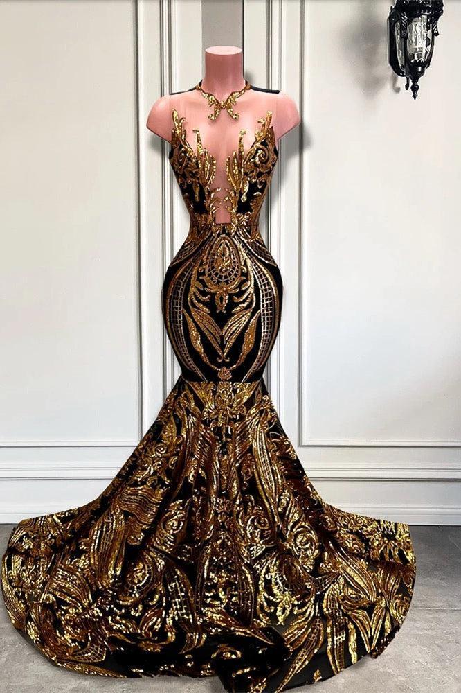 Long Sleeveless Mermaid Formal Dresses with Gold Sequins