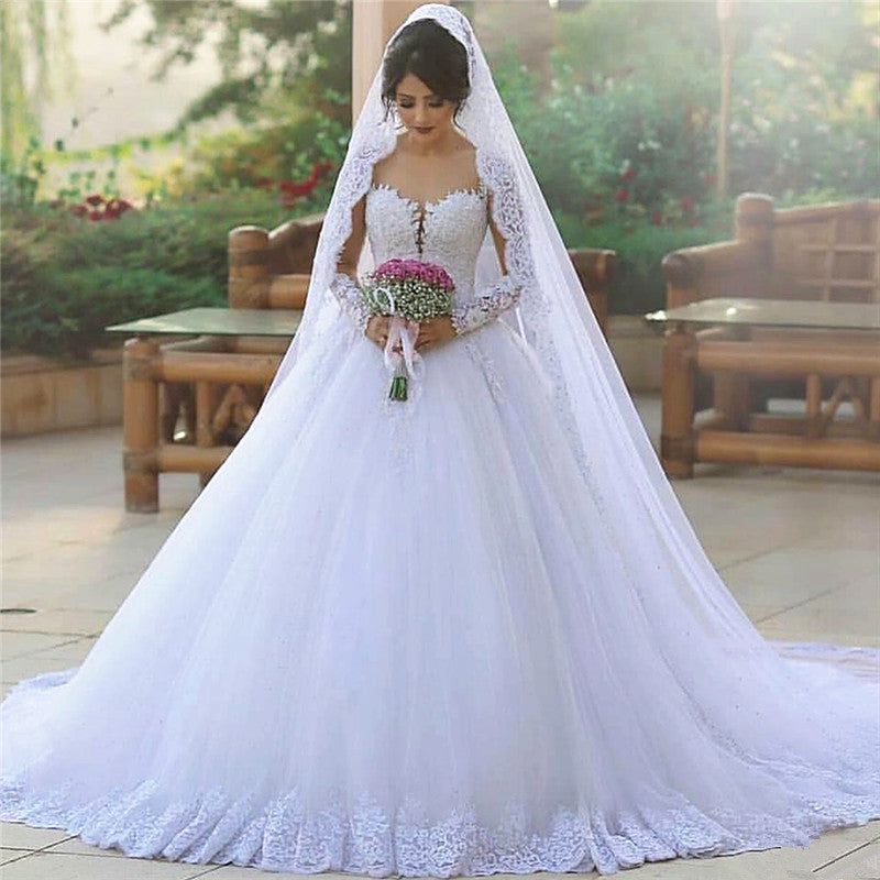 Long Sleeves Appliques Elegant Popular  Ball Gown Wedding Dress BA6619