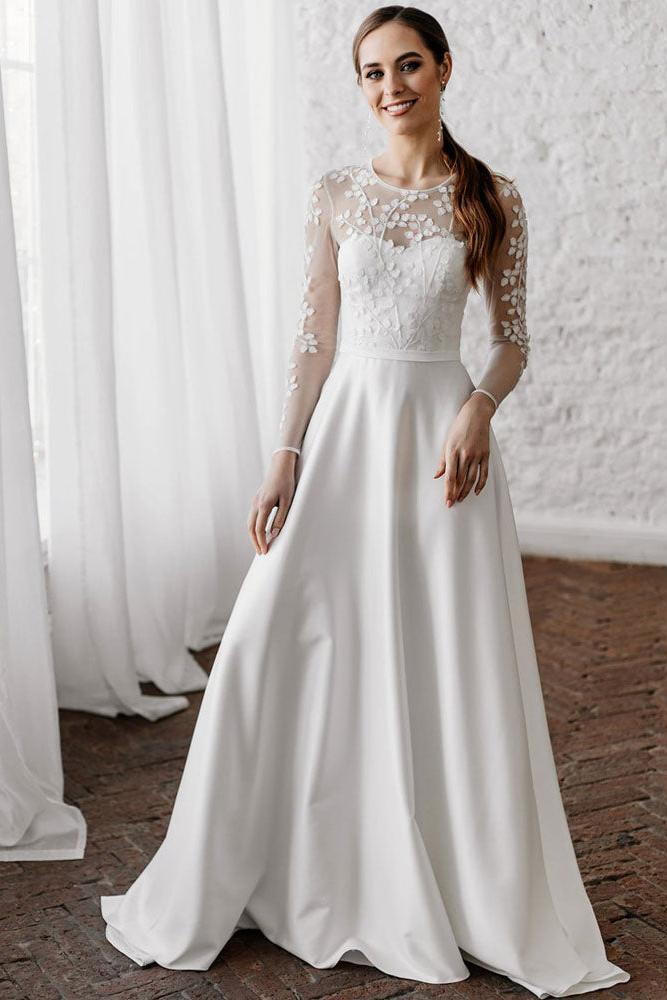 Long Sleeves Appliques Satin White Lace Wedding Dresses Long