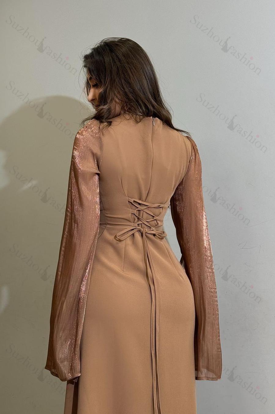 Long Sleeves Jewel High Waist Long Evening Formal Dress With Ruffled