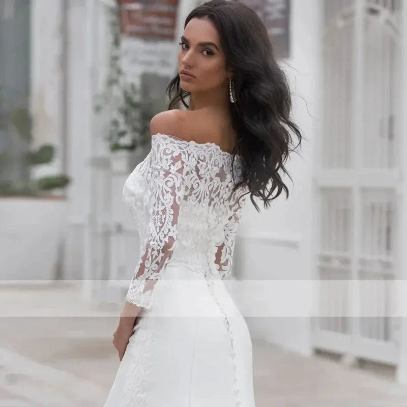 Long Sleeves Lace Wedding Dress For Women Brides Sexy Boat Neck Mermaid Appliques Bridal Gown Custom Made (ZD13306)