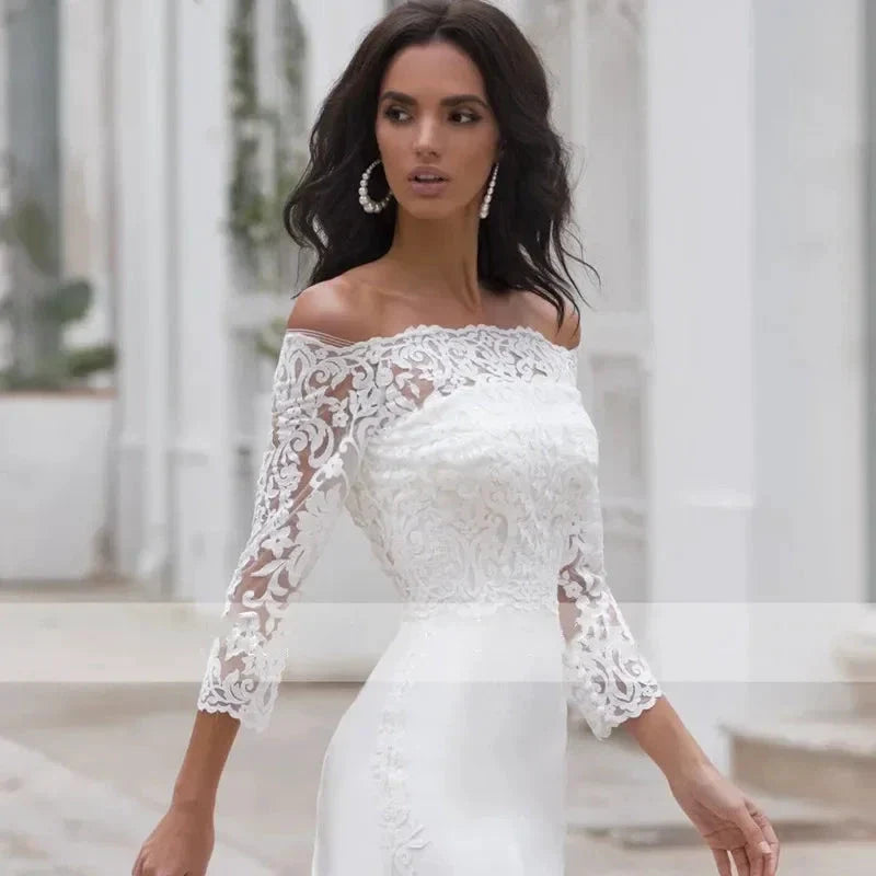 Long Sleeves Lace Wedding Dress For Women Brides Sexy Boat Neck Mermaid Appliques Bridal Gown Custom Made (ZD13306)