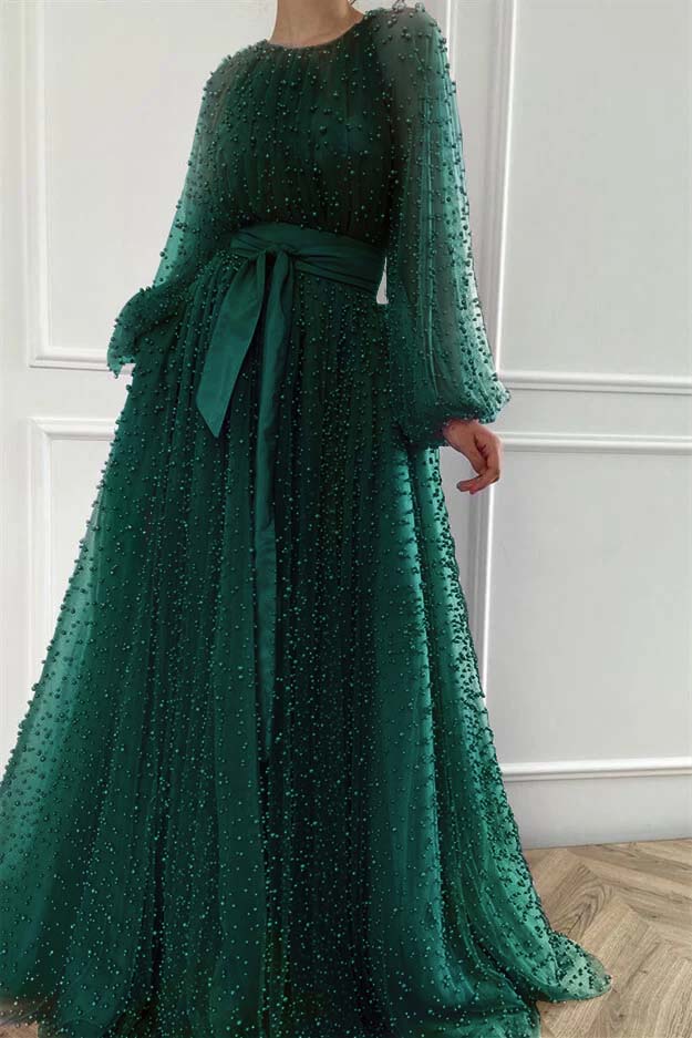 Long Sleeves Long Jewel Neck Evening Formal Dress With Pleated Beading