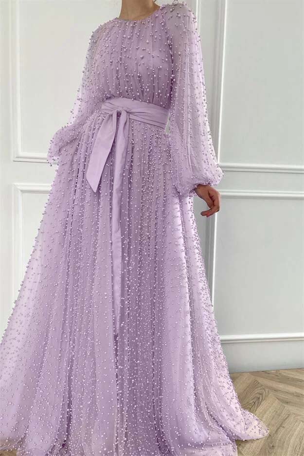Long Sleeves Long Jewel Neck Evening Formal Dress With Pleated Beading