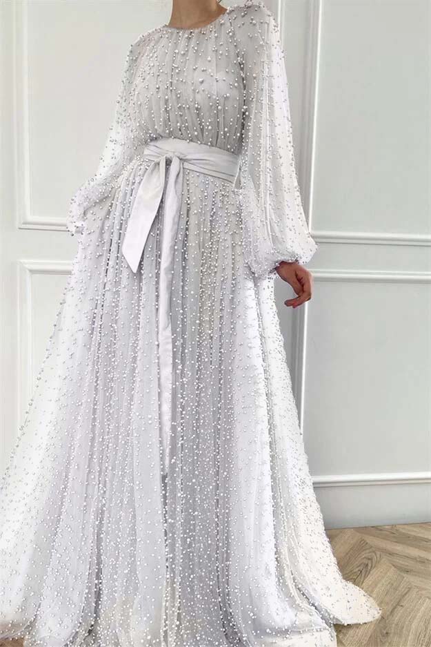Long Sleeves Long Jewel Neck Evening Formal Dress With Pleated Beading