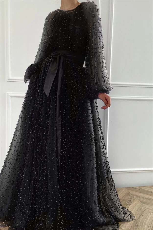 Long Sleeves Long Jewel Neck Evening Formal Dress With Pleated Beading