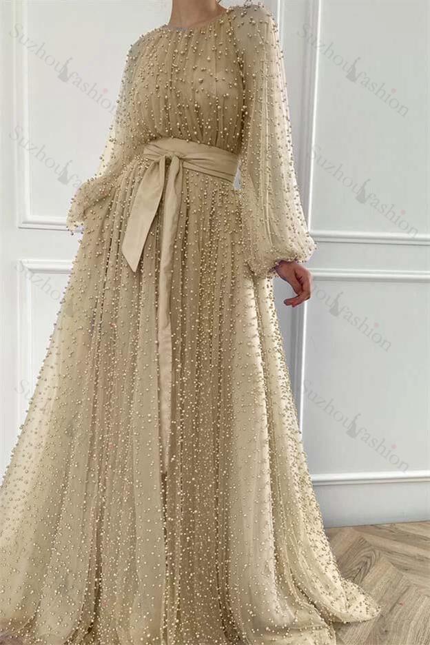 Long Sleeves Long Jewel Neck Evening Formal Dress With Pleated Beading