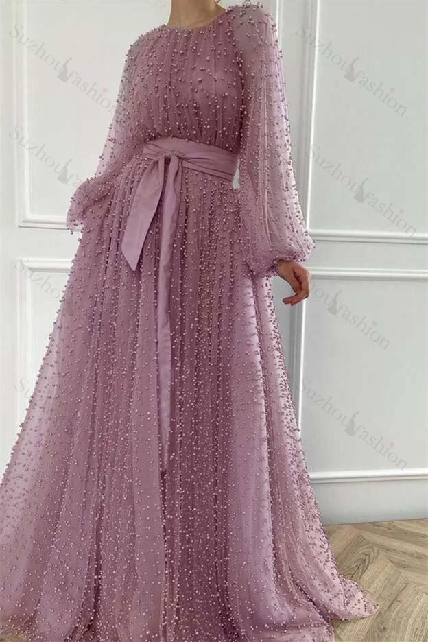 Long Sleeves Long Jewel Neck Evening Formal Dress With Pleated Beading