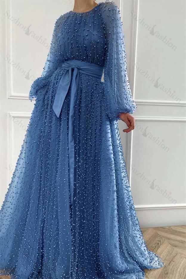 Long Sleeves Long Jewel Neck Evening Formal Dress With Pleated Beading