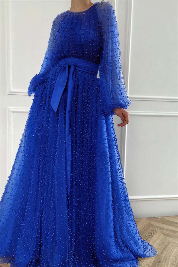 Long Sleeves Long Jewel Neck Evening Formal Dress With Pleated Beading