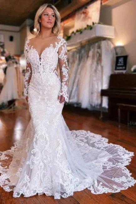 Long Sleeves Mermaid Wedding Dress with Overskirt (ZD15709)
