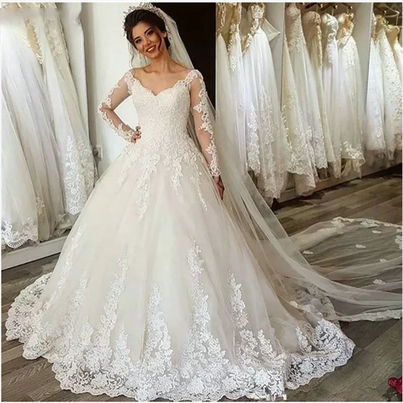 Long Sleeves Plus Size Wedding Dress Vestido de Noiva Bride Dress Robe Mariage V Neck Lace Appliques Lace Up Bridal Gowns (ZD14096)