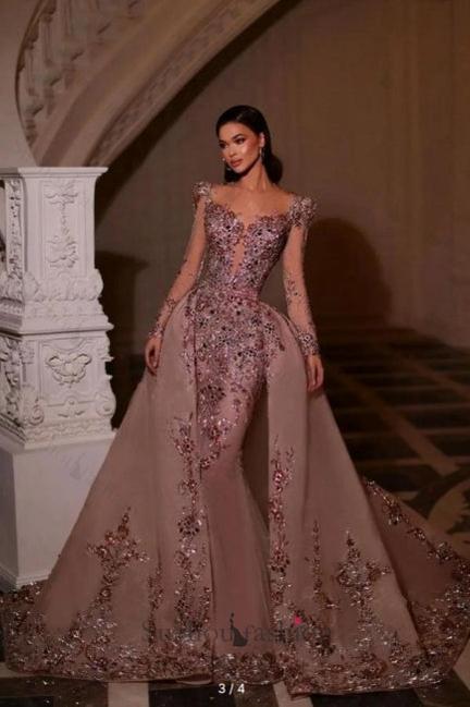 Long Sleeves Prom Dress V Neck Beaded Tulle Formal Dress With Detachable Panel Train