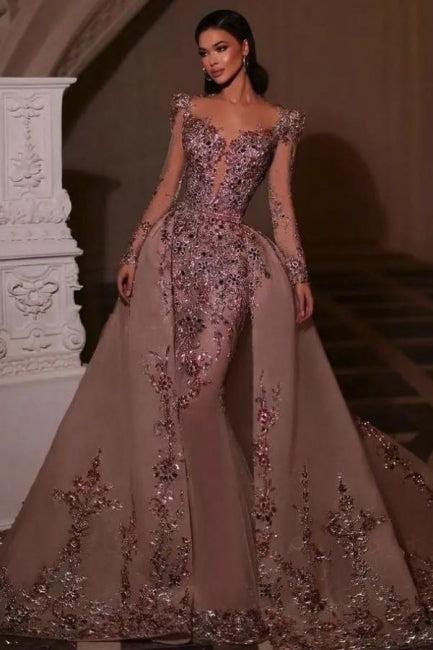 Long Sleeves Prom Dress V Neck Beaded Tulle Formal Dress With Detachable Panel Train