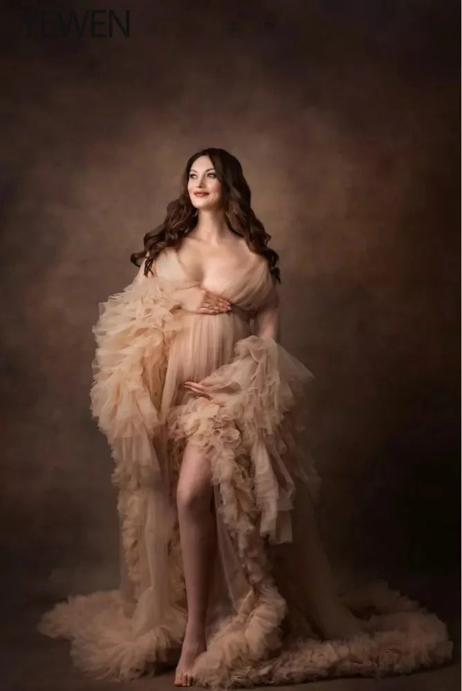 Long Sleeves Ruffles Maternity Dress for Photo Shoot or Baby Shower Maternity Gown Shooting Dress Sunnderly