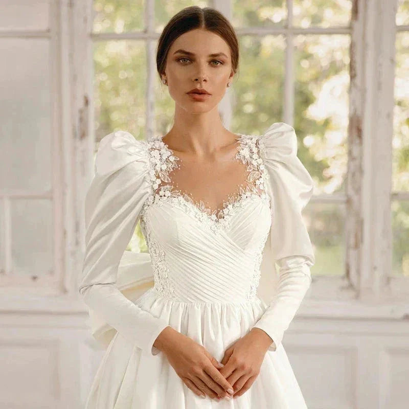 Long Sleeves Satin Wedding Dresses For Women With Bow Bridal Gowns Sweetheart Vestido De Noiva Robe Floor Length Custom 2023 (ZD14134)