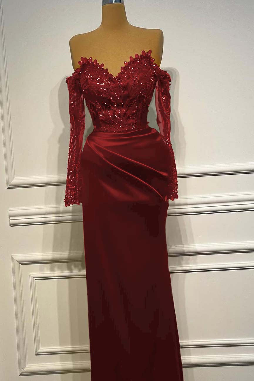 Long Sleeves Strapless Long Mermaid Evening Formal Dress With Beading Pleated