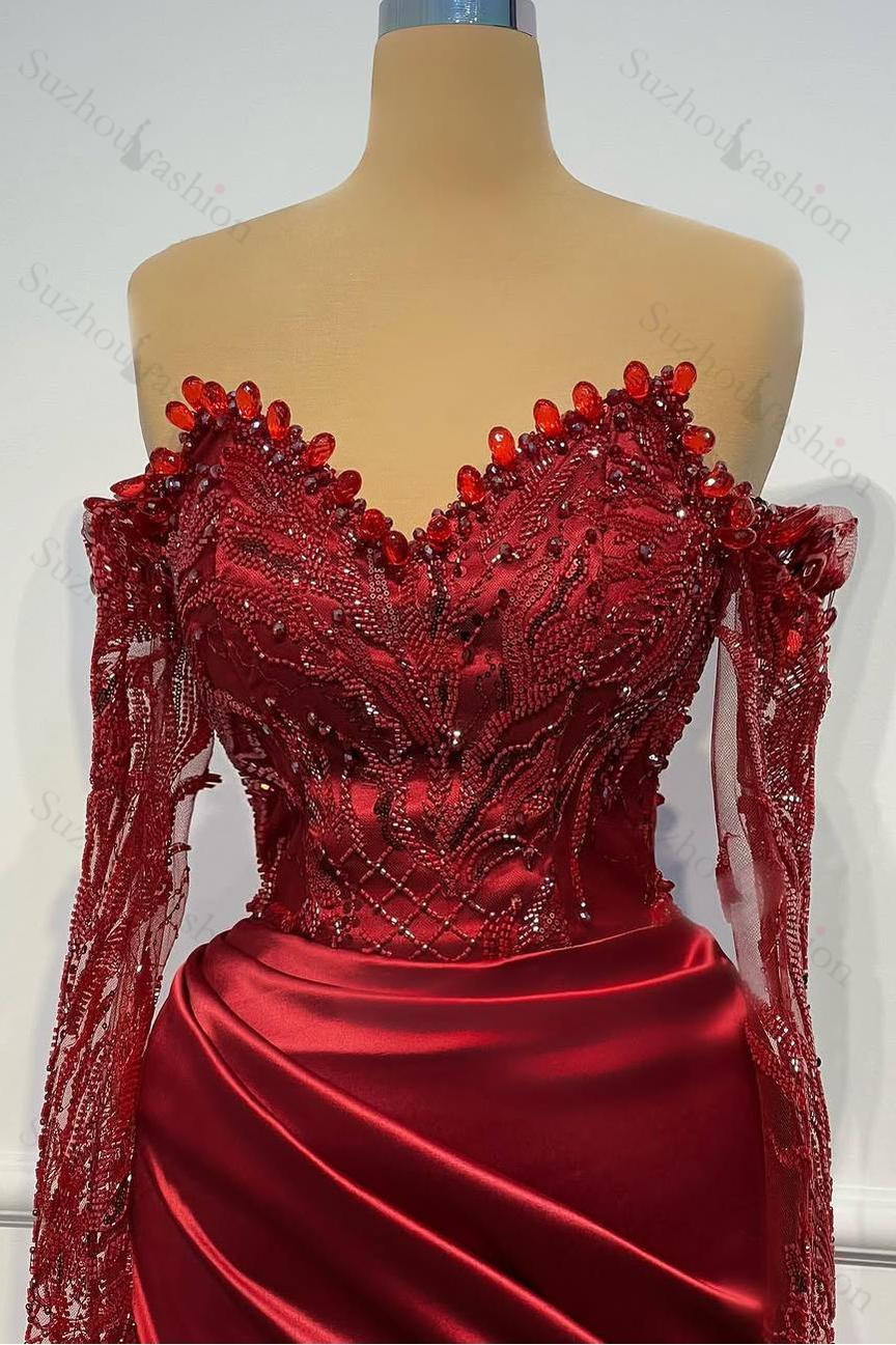 Long Sleeves Strapless Long Mermaid Evening Formal Dress With Beading Pleated