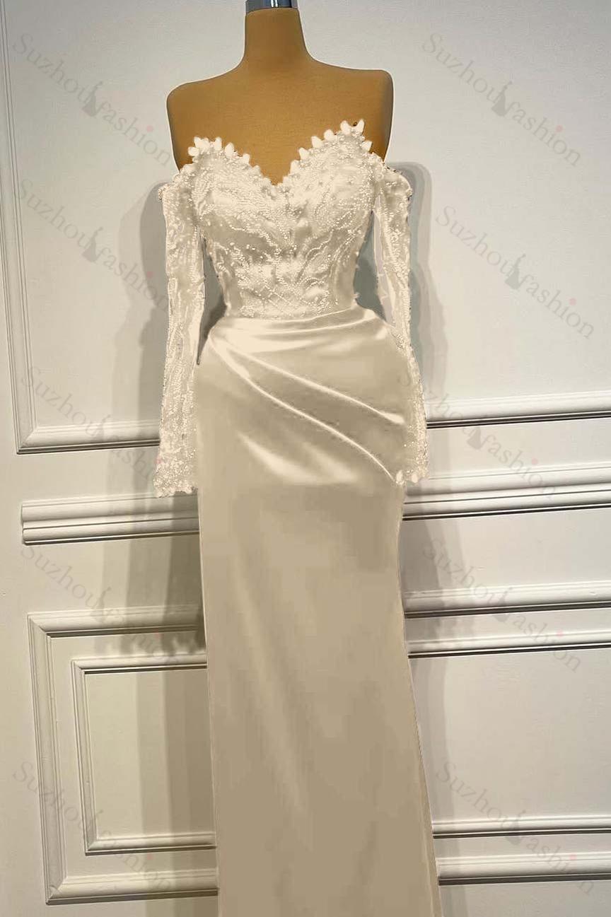 Long Sleeves Strapless Long Mermaid Evening Formal Dress With Beading Pleated