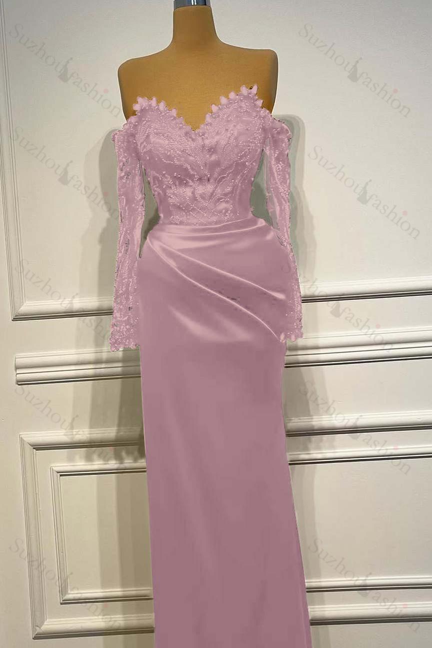 Long Sleeves Strapless Long Mermaid Evening Formal Dress With Beading Pleated